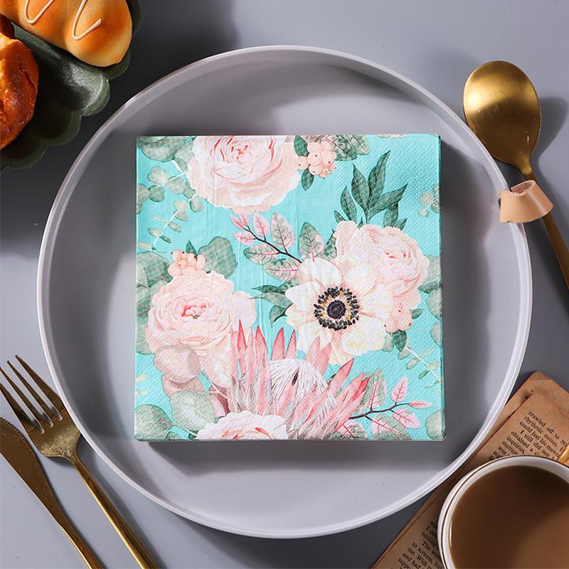 20pcs/pac 2-Ply New Blue Imperial Flower Printed Paper Napkins Colorful Wedding Party Hotel Paper Pure Wood Pulp Paper Placemats