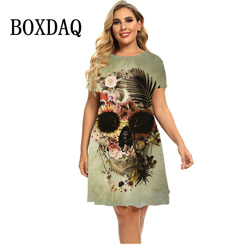 2025 New Spring Plant Mushroom 3D Skull Dresses Women Summer Short Sleeve Loose Mini Dress Casual Gradient Print Plus Size Dress