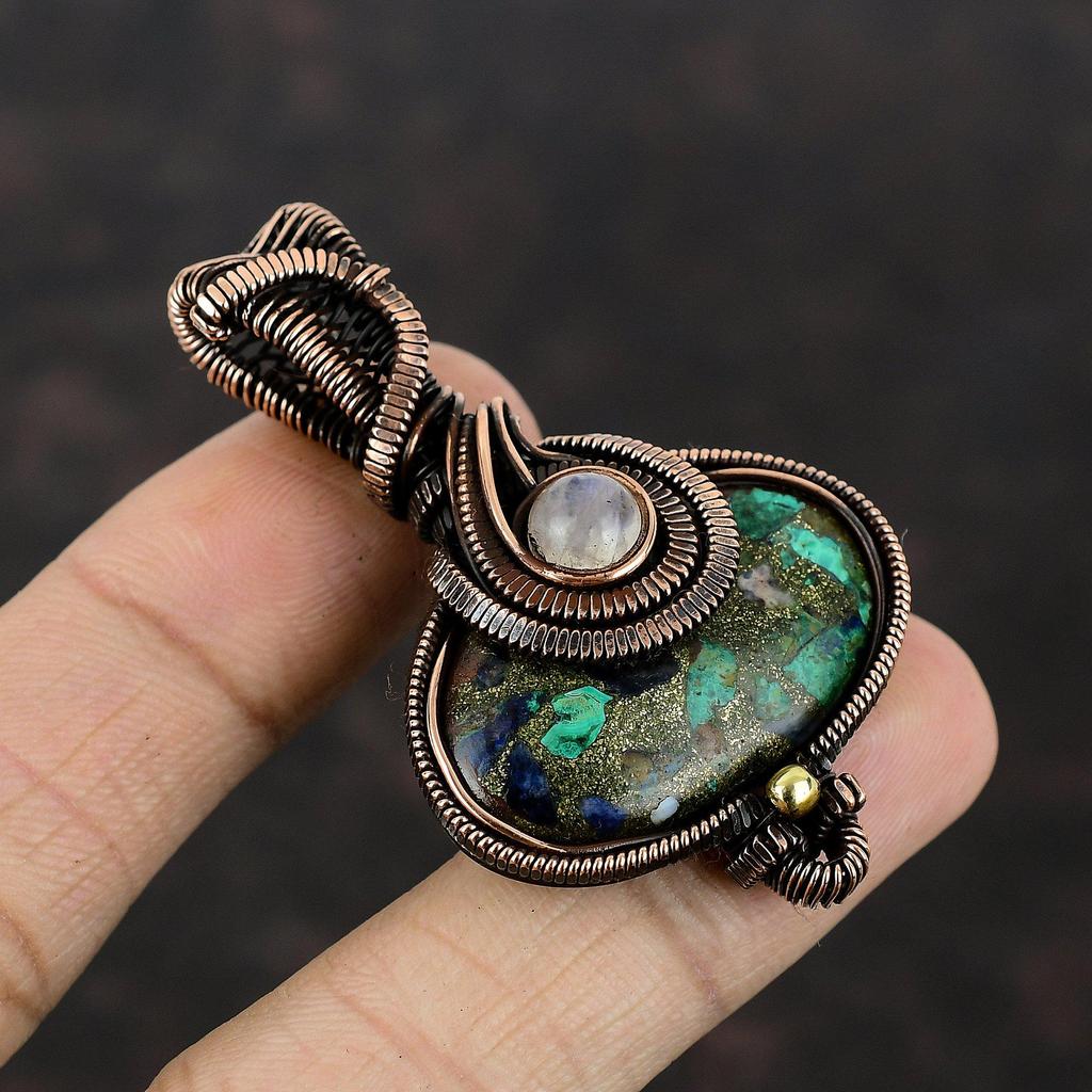Copper Azurite Malachite Pendant Rainbow Moonstone Pendant Copper Wire Wrapped Pendant Gemstone Jewelry Gift For Her Handmade Copper Jewelry