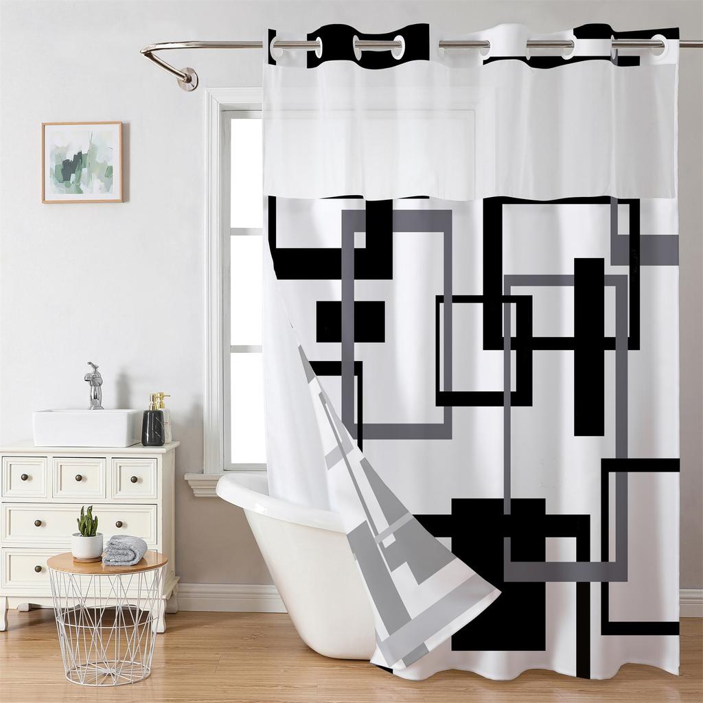Duschvorhang-Set Marineblau Marmoriert – Mit Stoff-Inliner, 183x190 Cm, Ohne Haken, Mit Transparentem Oberteil