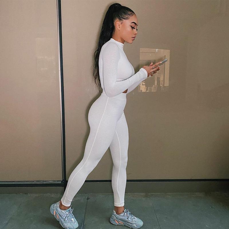 VEZFAA Women's Fashion Casual Spring Autumn Solid Color Print Long Sleeve O-Neck Trousers Pants Suits