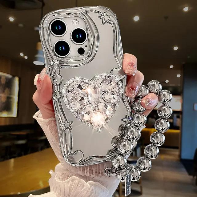 

Позолочений 3D Diamond Heart Strap Phone Star Sier для iPhone 15 14 13 12 11 Pro Max X XS XR Plus+ Чохол на браслет iphone13ProMax срібну чашу кольору