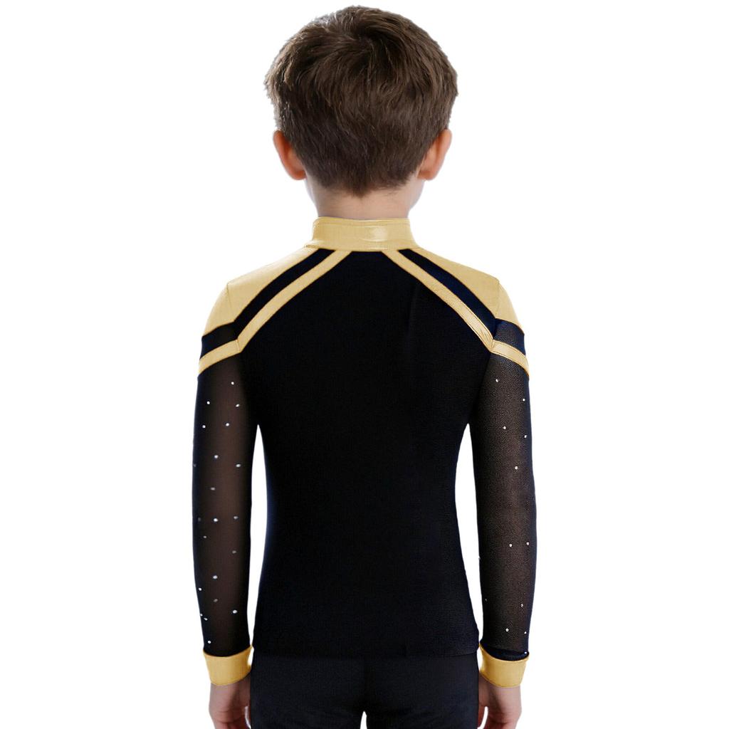 Boys V Neck Long Sleeve Shiny Metallic Color Block Figure Skating Top