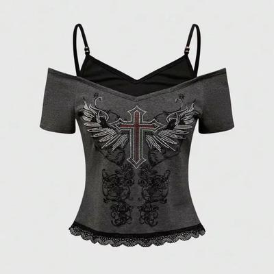 TrendHub Vintage Fake Two Items Graphic Women Harajuku Y2k Aesthetic 2000s Oversized Sexy Off Shoulder Short Sleeve T-shirts Grunge