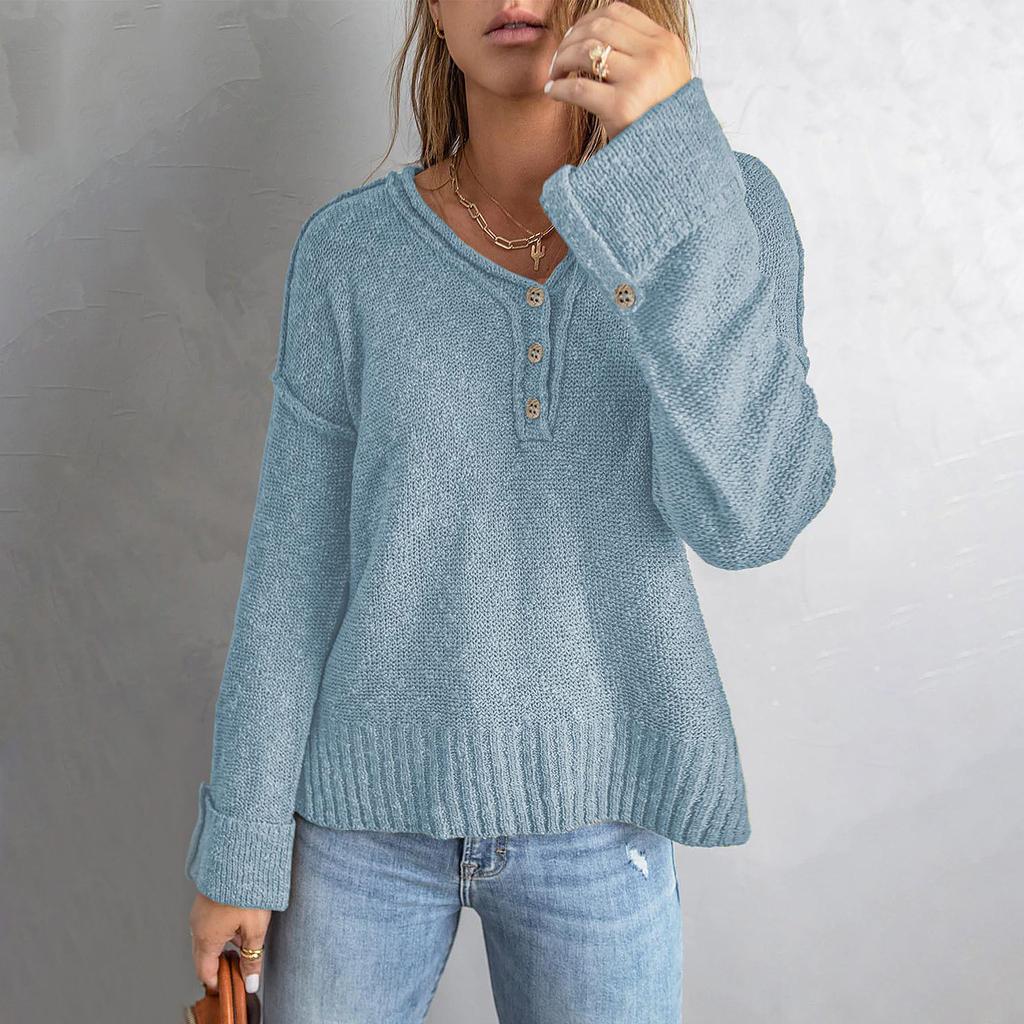 Women's Temperament Casual Solid Color Button Off Shoulder Loose Knitted Sweater