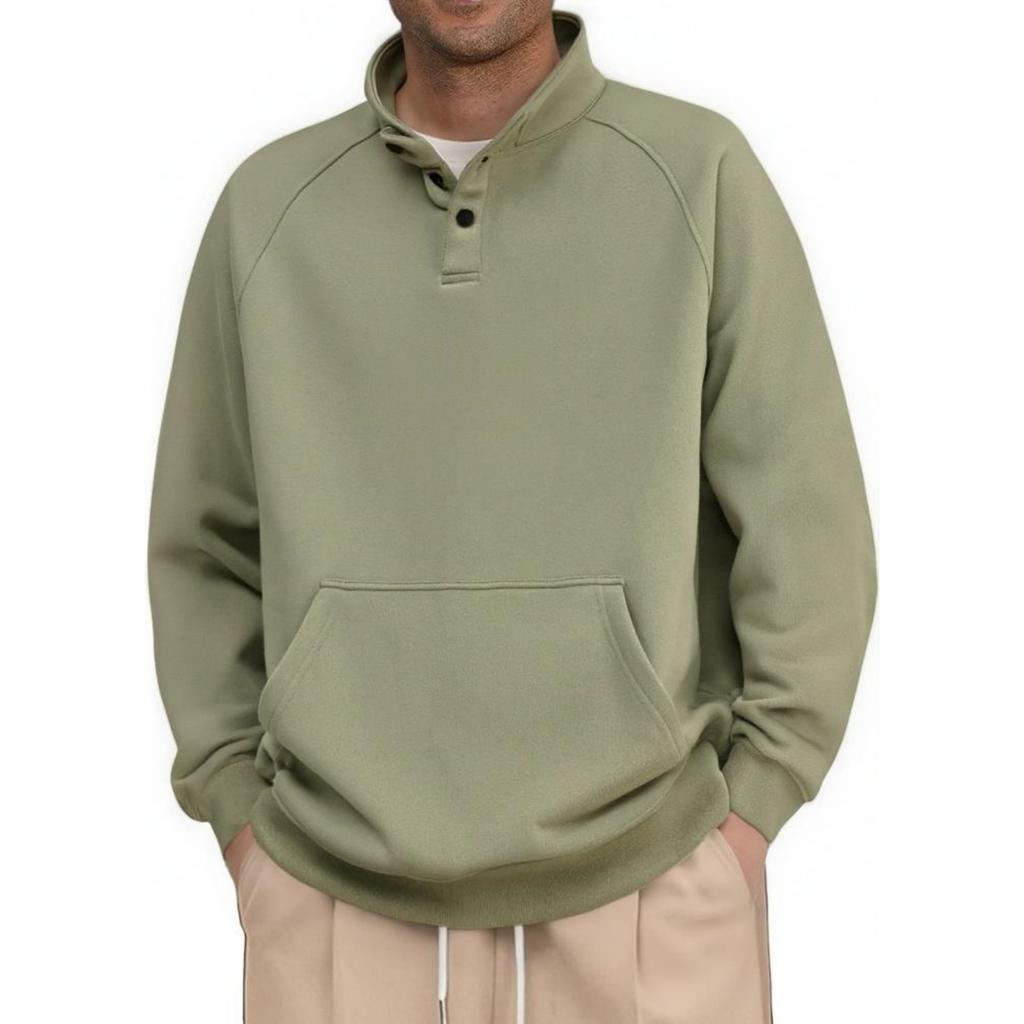 Men's Solid-color Casual Button-down Stand-up Collar Hoodie, Men's Loose Sporty Base Pullover Hoodie