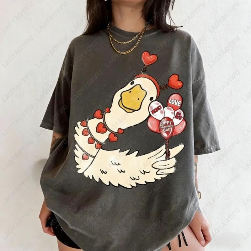 

Goose Pink Balloon Creative Cute Cupid Cotton Shirts Valentines Day Clothes Fun Printed Tee Men Women Couples Matching Gifts 4XL