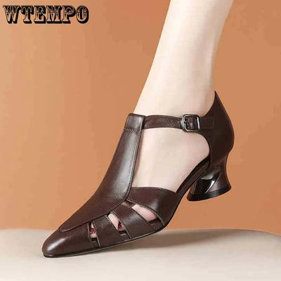 Rímske topánky z mäkkej kože Vyhĺbený klin Dámske sandále na vysokom opätku Pásik Baotou Móda na hrubom podpätku Jednoduché Neformálne Jar a leto