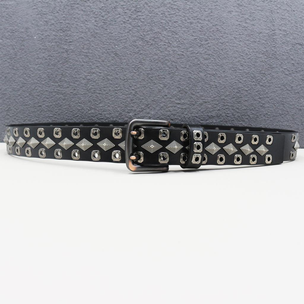 Double Needle Heavy Rivet Belt Genuine Leather Cowhide Whole Hole Belt Diamond Nail Hollow Eye Thorn Accessories American Style