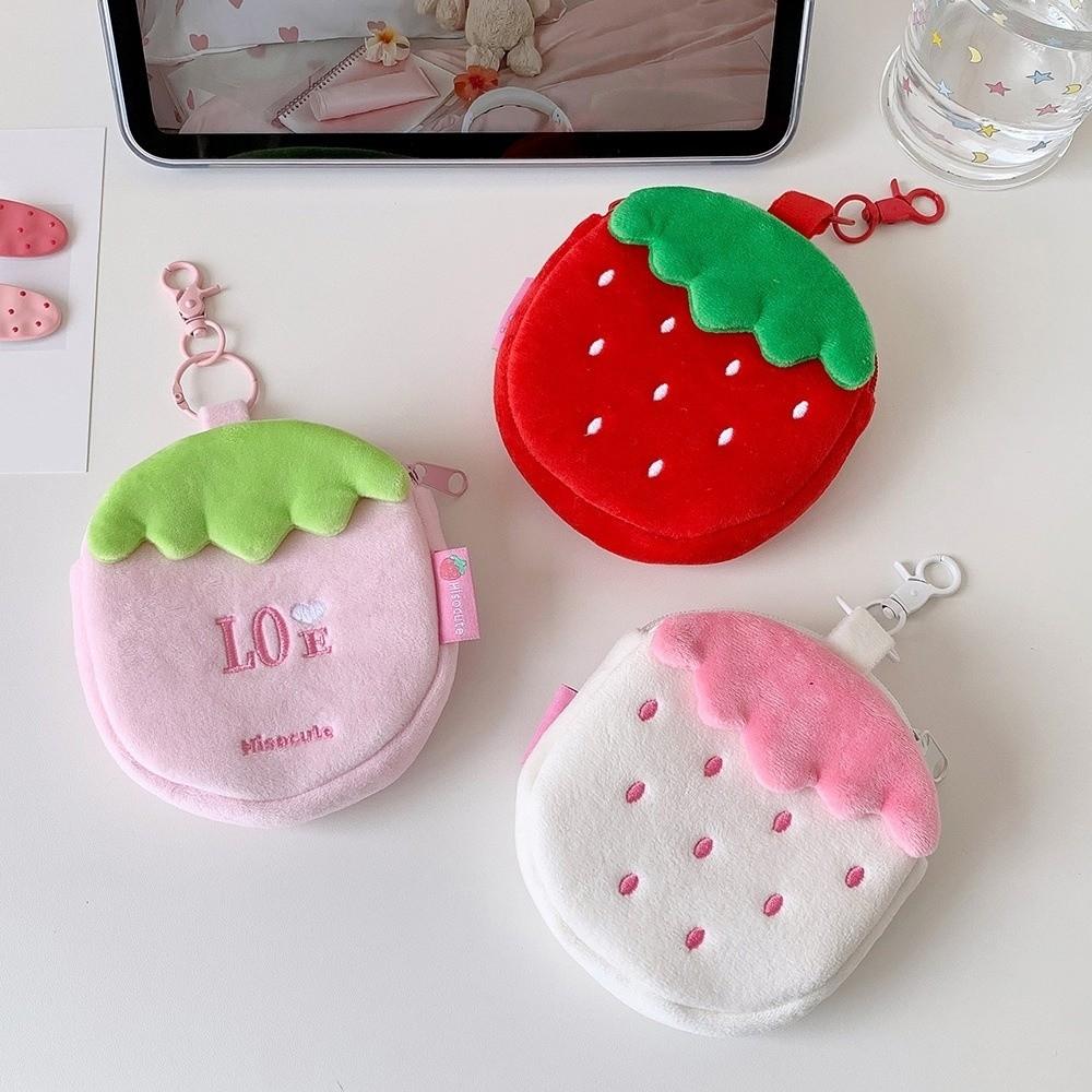 Lipstick Card Bag Plush Strawberry Keychain Coin Pouch Key Pendant Cartoon Earphone Bag Travel