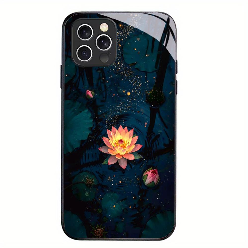 Lotus Black Tempered Glass Case For iPhone 17 16 15 14 13 12 Pro Max Shockproof Anti Fingerprint Phone Back Cover Hard Shell