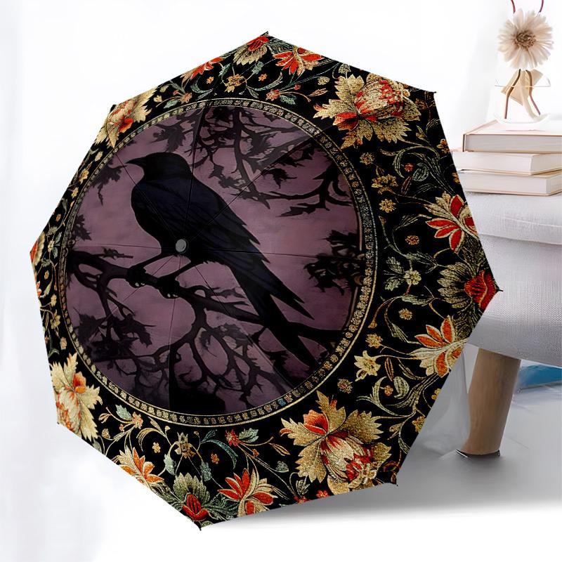 Crow, FloralThemed Automatic Opening and Closing Umbrella 8 Ribs, Suitable for Leisure and Going Out, Outdoor Accessory, Gothic Style, Fas