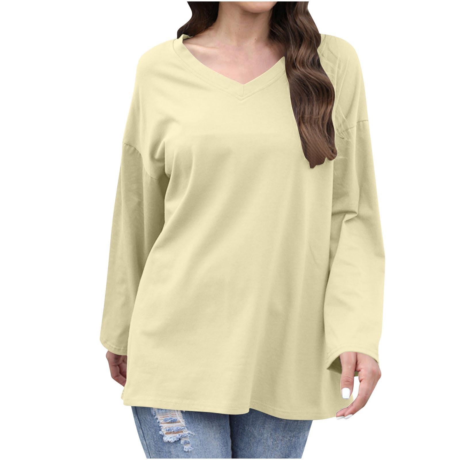 

Women s Fashion Loose Round Neck T-Shirt Solid Color Casual Long Sleeve Top L бежевий