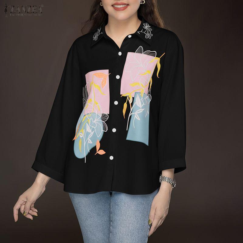 ZANZEA Damen Lässig Umlegekragen Locker 3/4 Ärmel Print Bluse