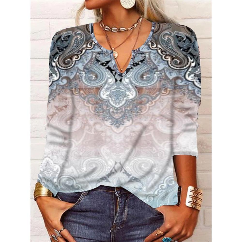 GMXIA Autumn Loose Long Sleeve Flower Bold V-neck T-shirt Base for Women