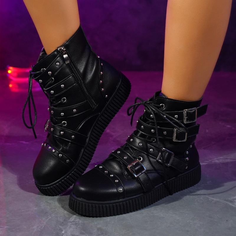 Fashion Spring New Flat Boots Women Fashion Round Head Rivet Front Lacing Side Zipper Anti-slip Wear-resistant Short Boots