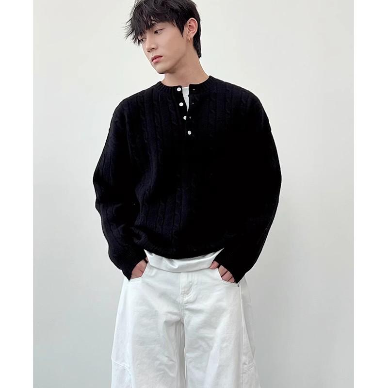 

Мужской свитер премиум-класса в корейском стиле с воротником хенли – Свободный пуловер крупной вязки для весны и осени M чёрный
