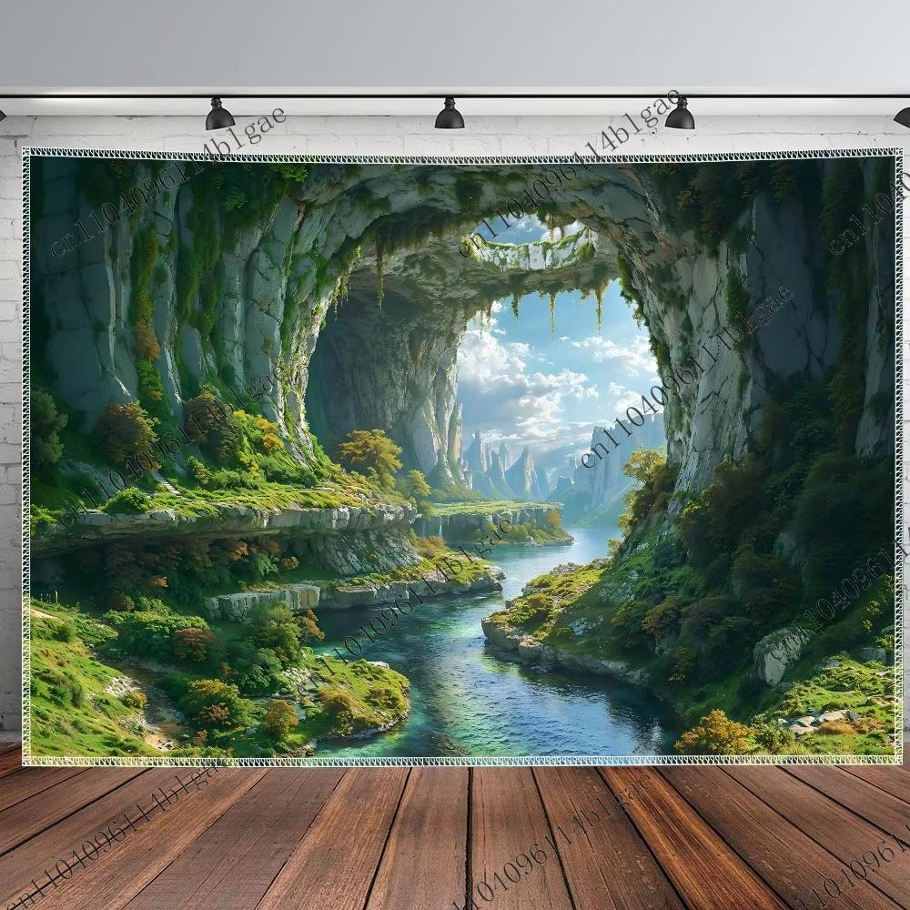 Huleutsikt til frodig dal Veggteppe Naturlandskap Hjemmedekorasjon Sengegavl Estetisk romdekorasjon Bakgrunnsduk