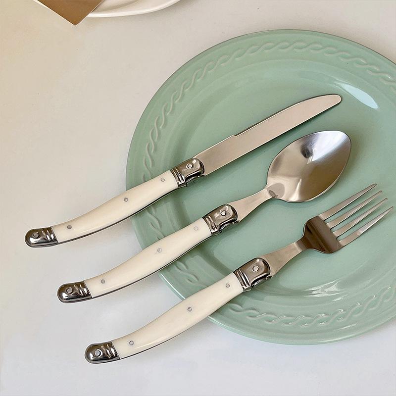 4/6/8/16/24pcs Laguiole Ivory-colored-colored Dishware Collection Stainless-steel Steak Knives Meal Forks Tablespoons Teaspoon Korean Silverware