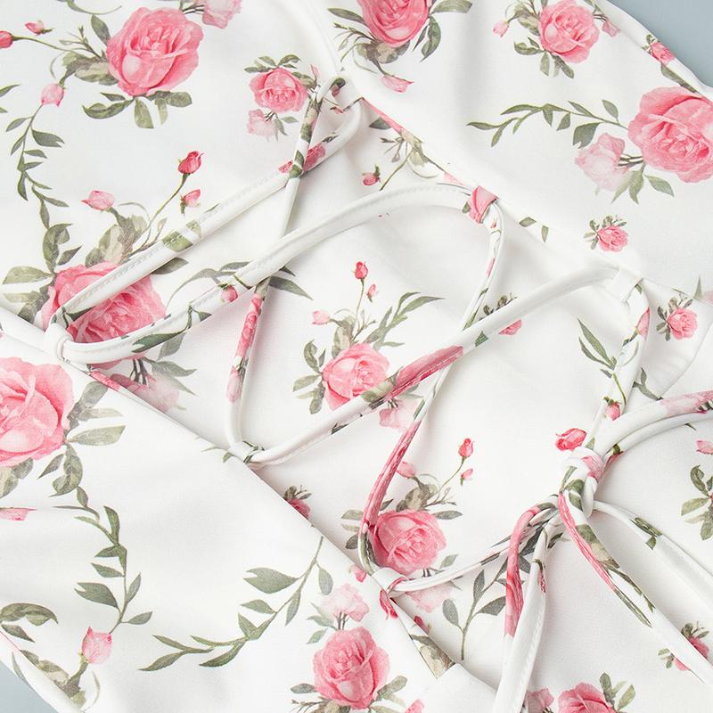 Summer Print Puff Sleeves Ruffled Dress Women's V-Neck High Waist Pearl Buttons Mini Dress Female Casual Vacation Fashion Dress