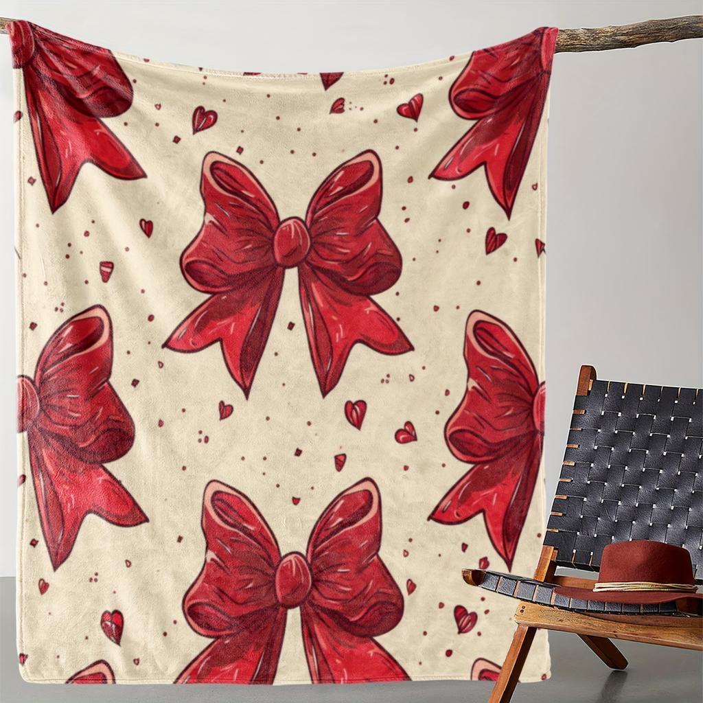 Vintage Red Bowknot and Heart Print Flannel Throw Blanket - Cozy Soft Warm Multipurpose Knitted Throw for Couch, Sofa, Office,