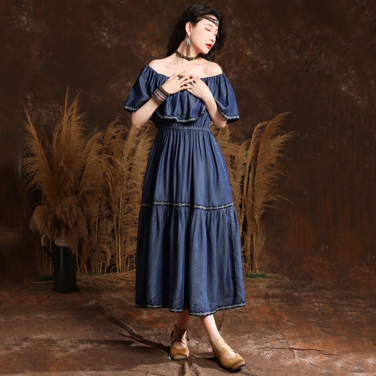 

Johnature модное нишевое платье с оборками, летнее женское винтажное однотонное повседневное ковбойское платье с вышивкой M