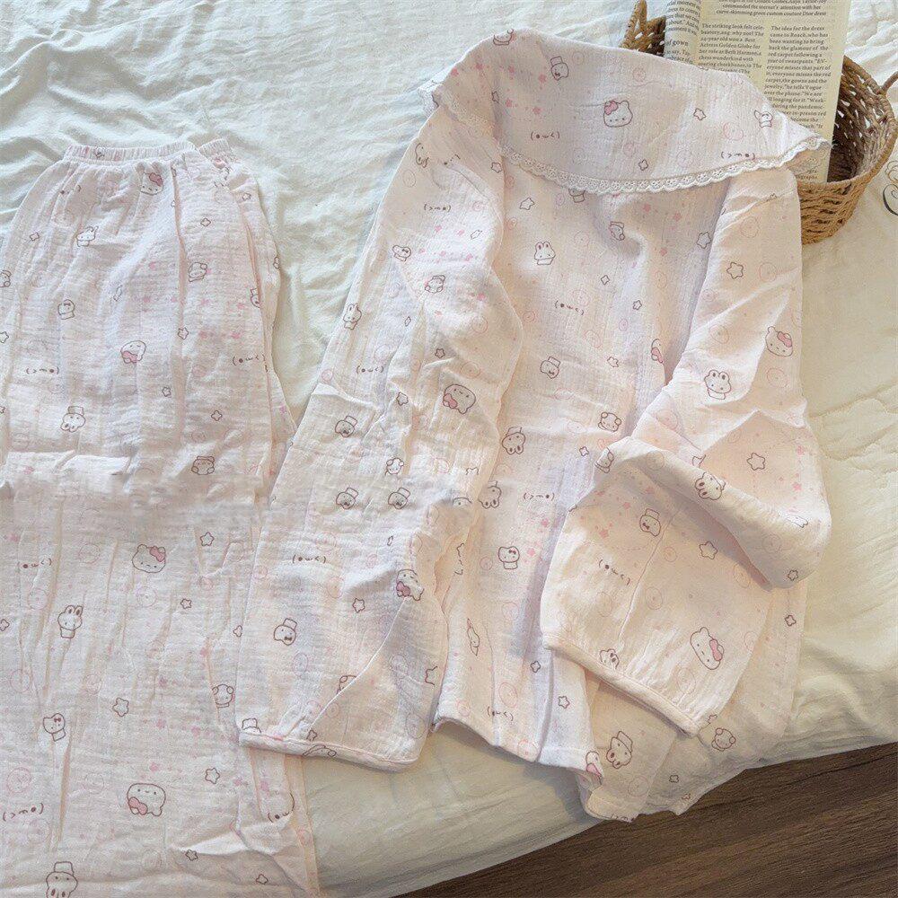 Internet celebrity new lapel rabbit girl pajamas spring and autumn cardigan double long two-piece set student dormitory loungewear