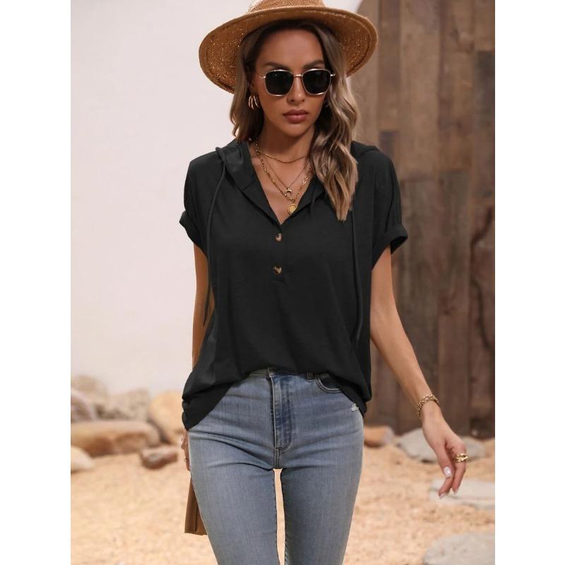 Summer Short Sleeved Hooded Women T-shirt New Loose Buttons Casual Simple T Shirt Female Plus Size Tops Women's Clothing 3267