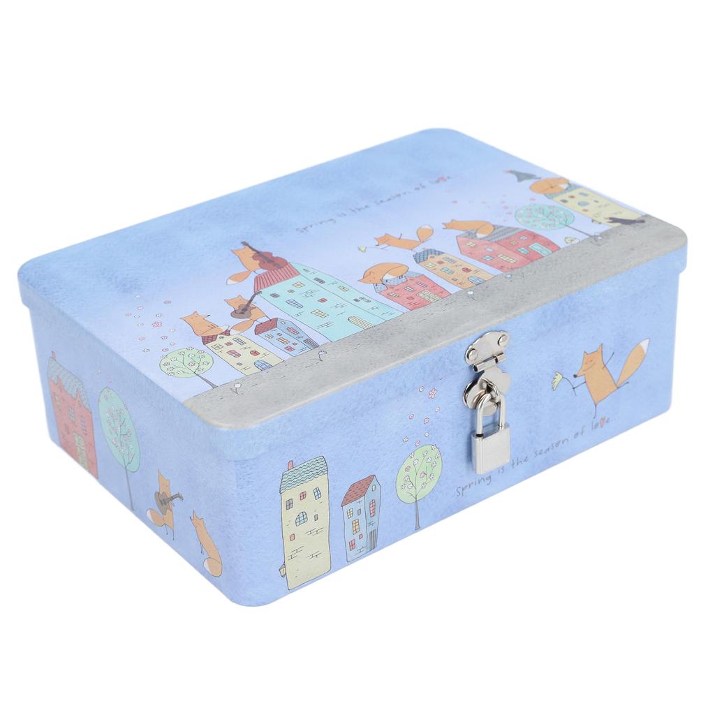 Tinplate Empty Tins Metal Vintage Sundries Storage Box with Lock Lid Cartoon Kids Gift L