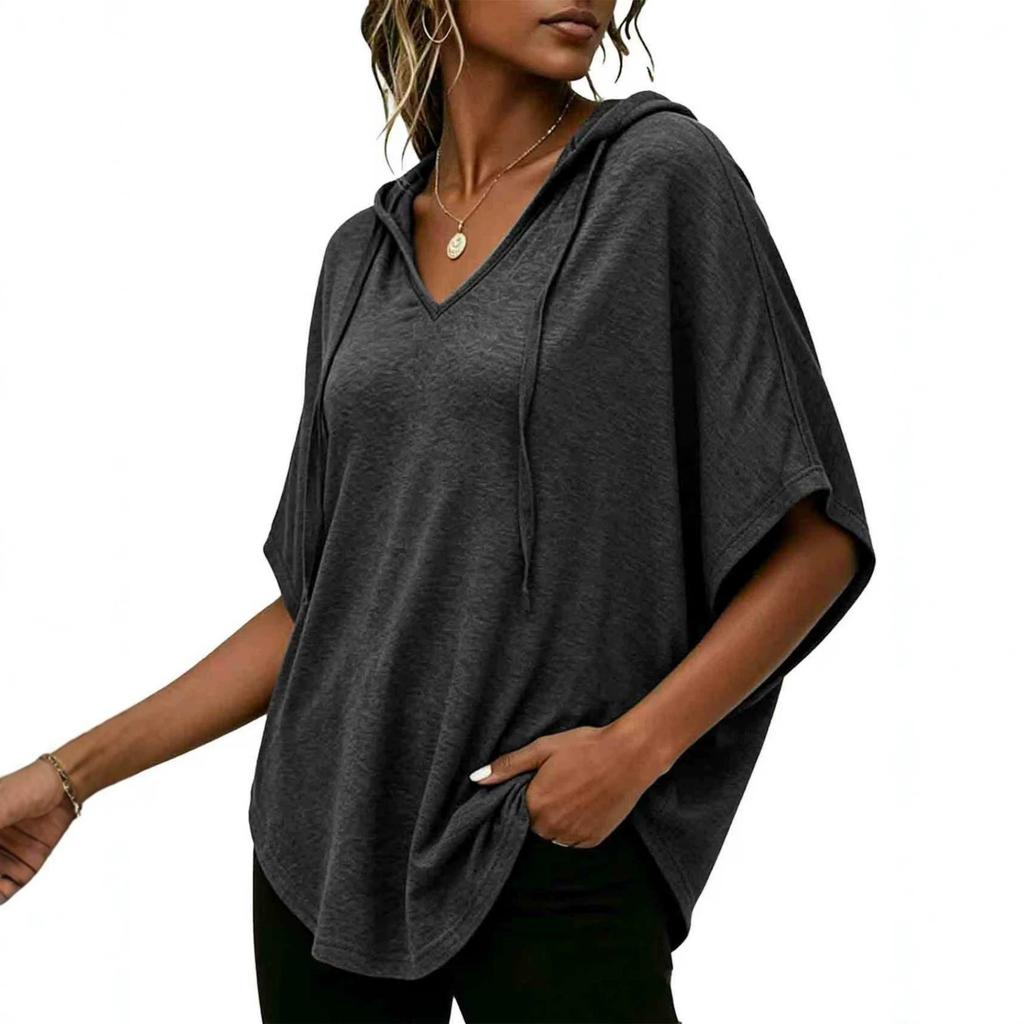 Women's Casual Loose-Fit Hooded V-Neck T-Shirt with Dolman Sleeves