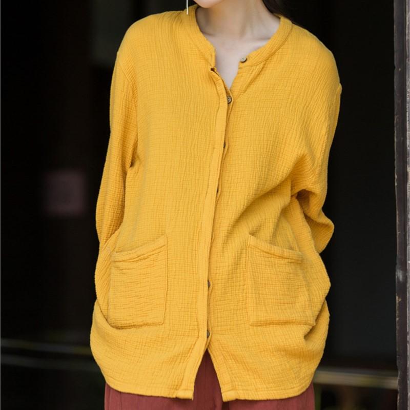 Johnature Women Vintage Shirts Solid Color Tops Autumn Button Long Sleeve O-Neck Pockets Women Shirts