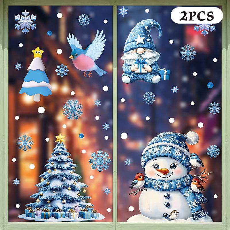 Blaue Weihnachtsfensteraufkleber - Statisches Aufkleberset mit Glocken, Rentieren, Weihnachtsmann, Schneeflocken & Schneemann für Weihnachtsfeierdekoration