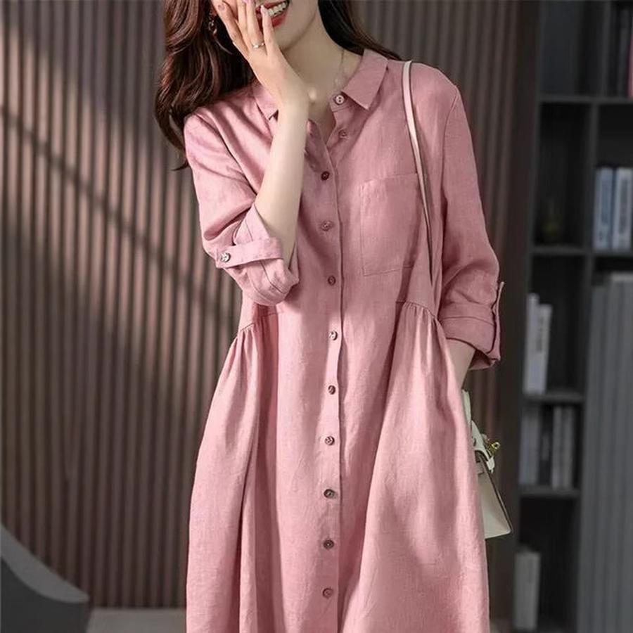Elegant French Linen Shirt Dress, Trendy Minimalist Spring/Autumn New Slim Fit Solid Color Dress