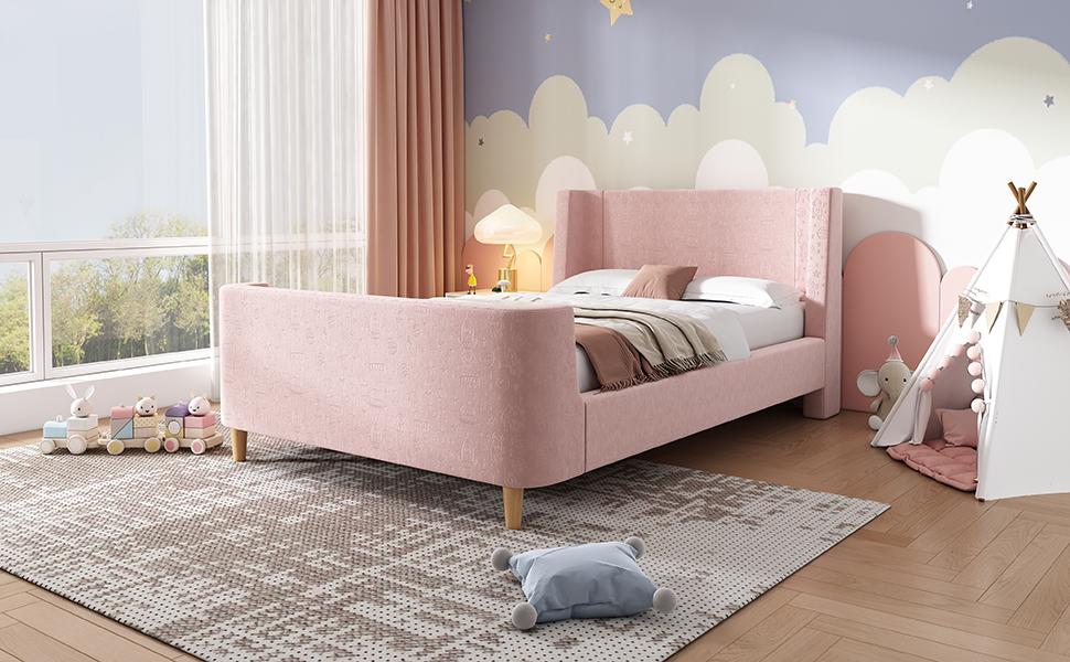 Children's Bed Upholstered Bed, Single Bed Sleigh Bed with Cosmic Pattern, 90 x 200 cm, For Boys & Girls, Pink, Velvet (Without Mattress)