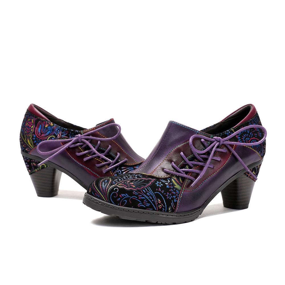 Johnature נעלי עקב גבוהות מודפסות רטרו, נעלי פאמפ מעור אמיתי, סגנון אתני, פרח, רוכסן צדדי, נעלי נשים