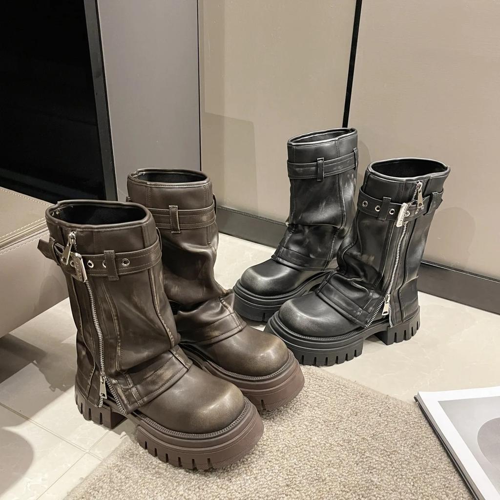 Dammode Plattform Western Cowboy Ankelstövlar Kvinnor Höst Retro Bruna Grova Klackar Byxstövlar Tjock Sula Westernstövlar