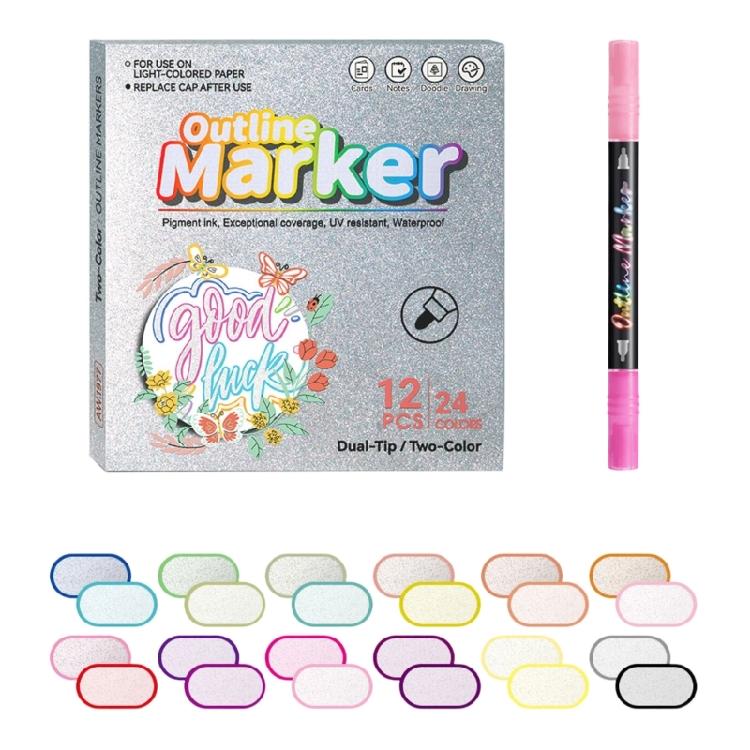 Outline Pen Set, 12Pcs Metallic Outline Marker Pens Gifts Card Writing Double Line Outline Pens Metallic Paint Markers 1