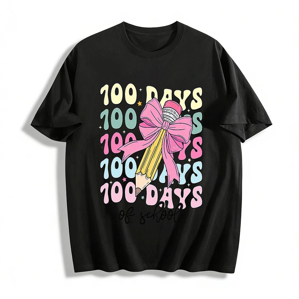 

100 Days of School Kids Top Bow Pencil Print Campus Commemorative Shirt Pure cotton T-shirt 6XL