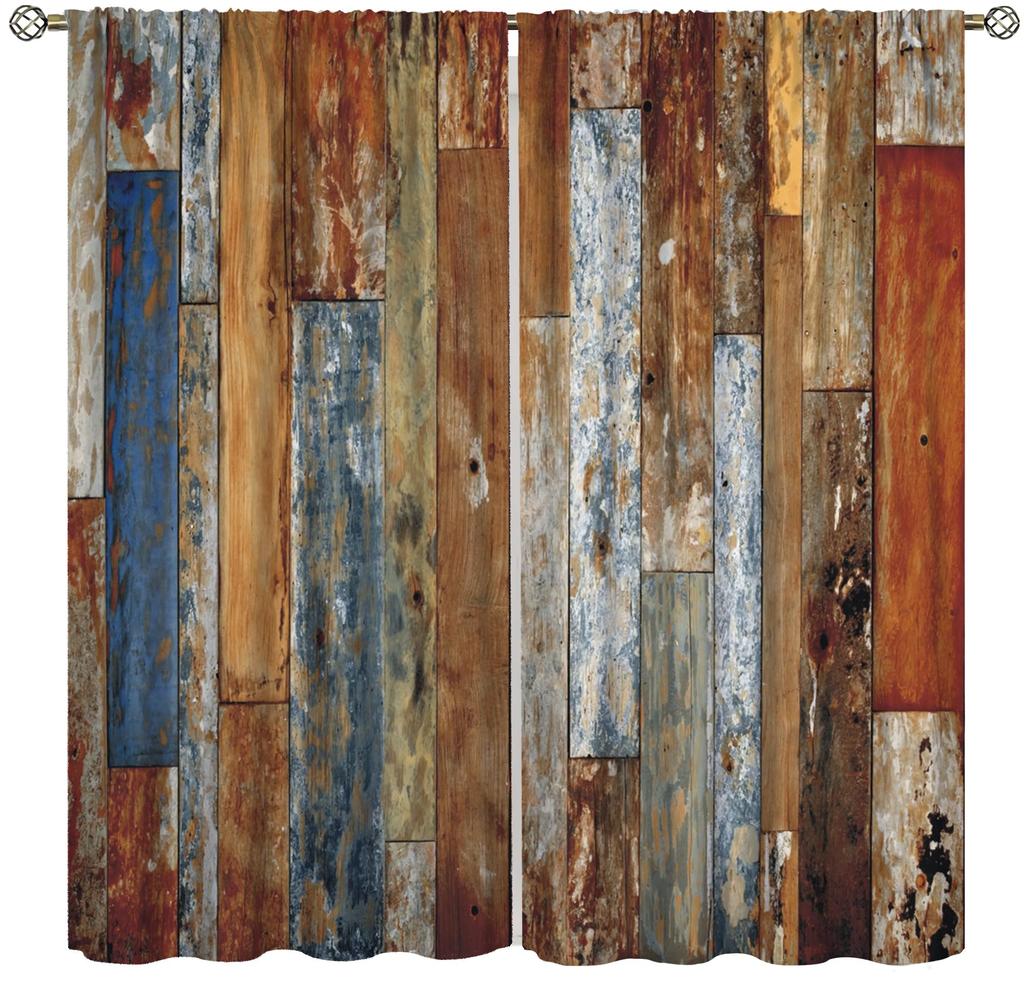Rustic Vintage Wood Plank Blackout Curtain 2 Panels Aged Rough Wooden Board Texture Print Window Drape Warm Cabin Living Room