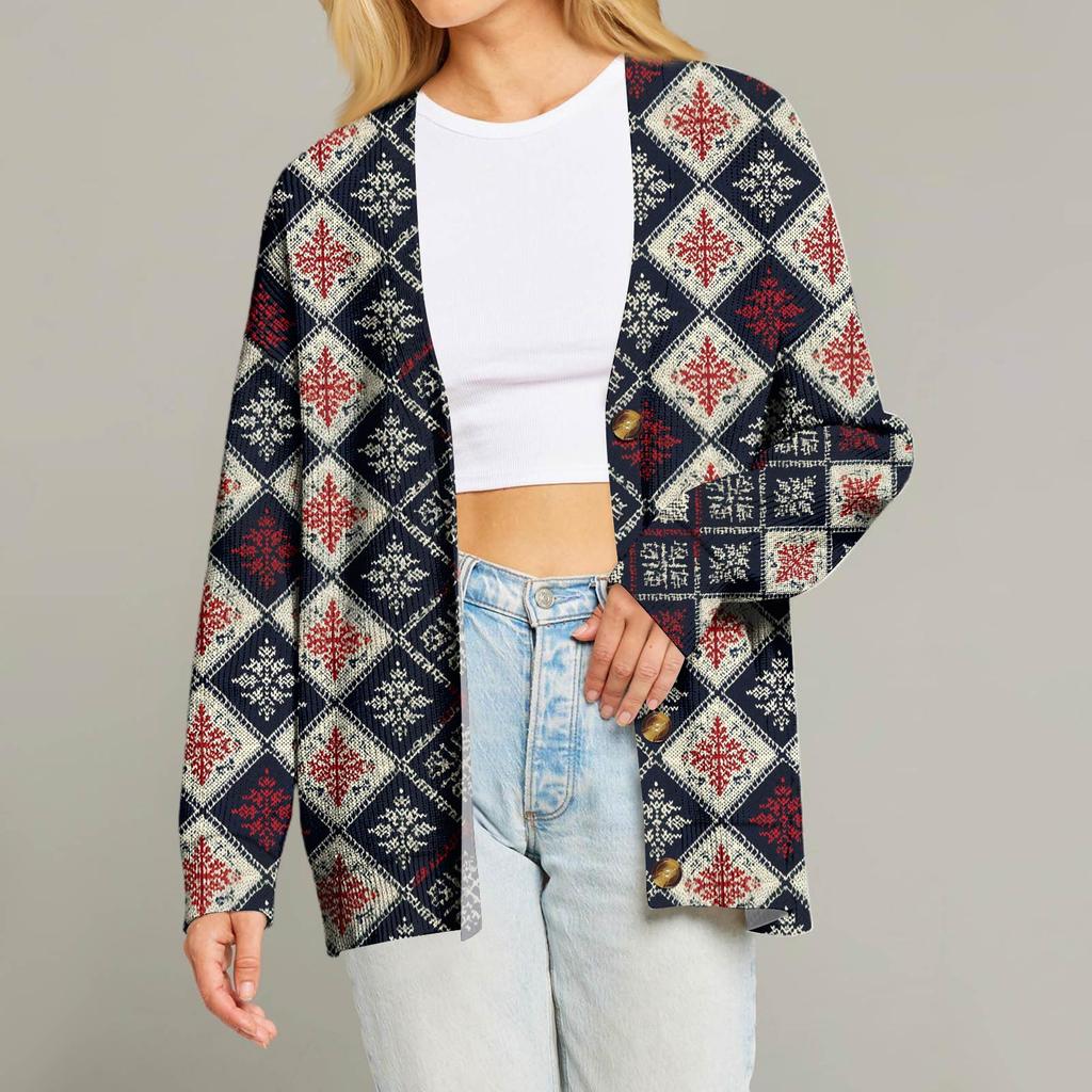 Women's Fashion Long Sleeve Christmas Print V-Neck Button Loose Cardigan Top