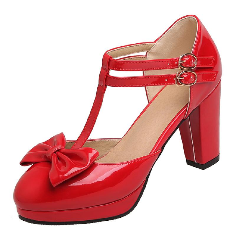 Blockklack Mary Janes Skor Dam Sandaler Söt Rosettgul Röd Rosa Vit Klack Bröllopsskor Dam Pumps Stor Storlek