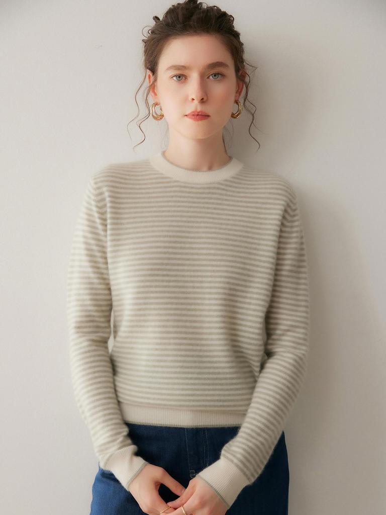 Women's Cashmere Striped Round Neck Sweater - 2026 Autumn/Winter Collection, Loose Fit, Gentle Style, Slimming, Warm Base Layer