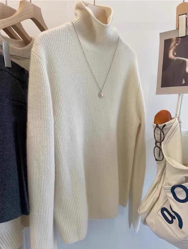 Dámský vlněný kašmírový svetr s vysokým límcem 2025 - Podzim/Zima Volný střih s rozparkovými rukávy