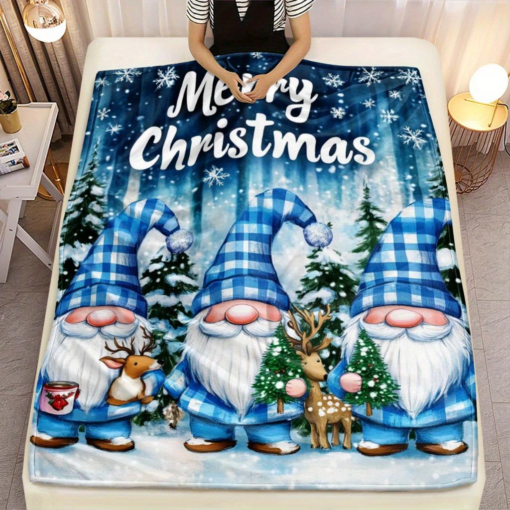 1pc Merry Christmas Gnomes Snow Forest Fleece Blanket Holiday Themed Soft Plush Throw Winter Gift for Family