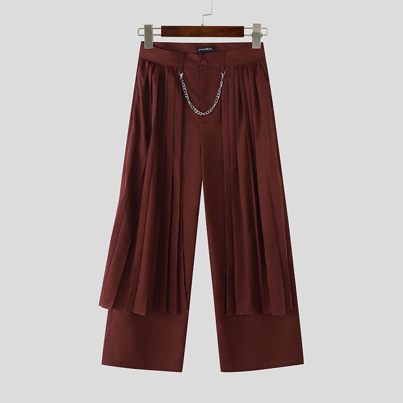 

INCERUN Men Zip-up Waist Front Layers Solid Casual Long Pleated Pants Trousers 5XL вино красного