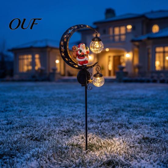 Christmas Porch Atmosphere Lights Santa Garden Stake Light, Solar Powered Crescent Moon Lamp, Double Pathway Lighting Glass Globes, Waterproof