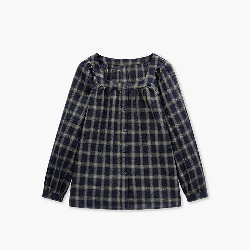 Aijutu Women's Retro Plaid Square Neck Long Sleeve Shirt