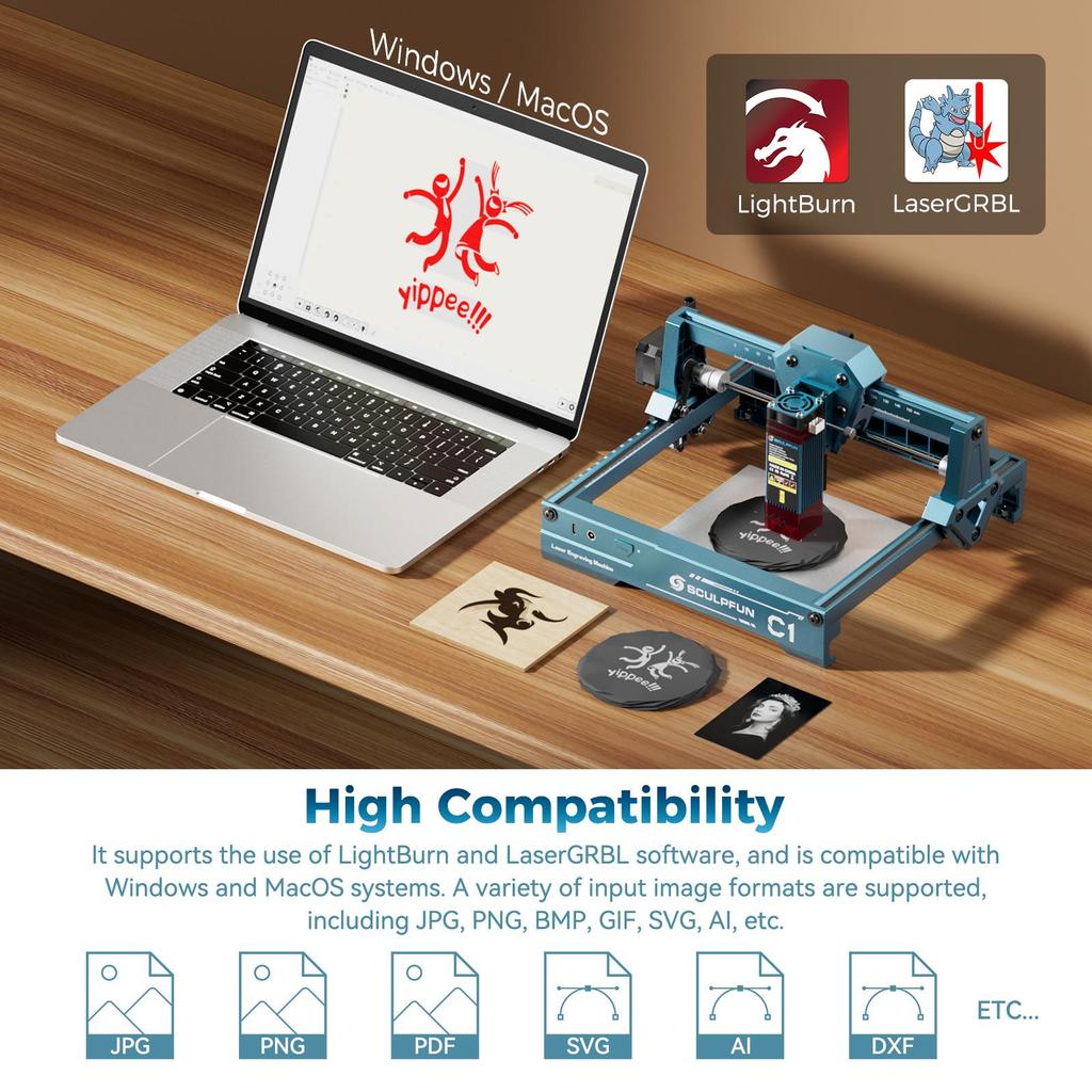 SCULPFUN C1 Laser Engraver Cutter Mini Laser Engraver Machine 3W Laser Power 0.04*0.04mm Laser Spot 150×130 mm Engraving Area