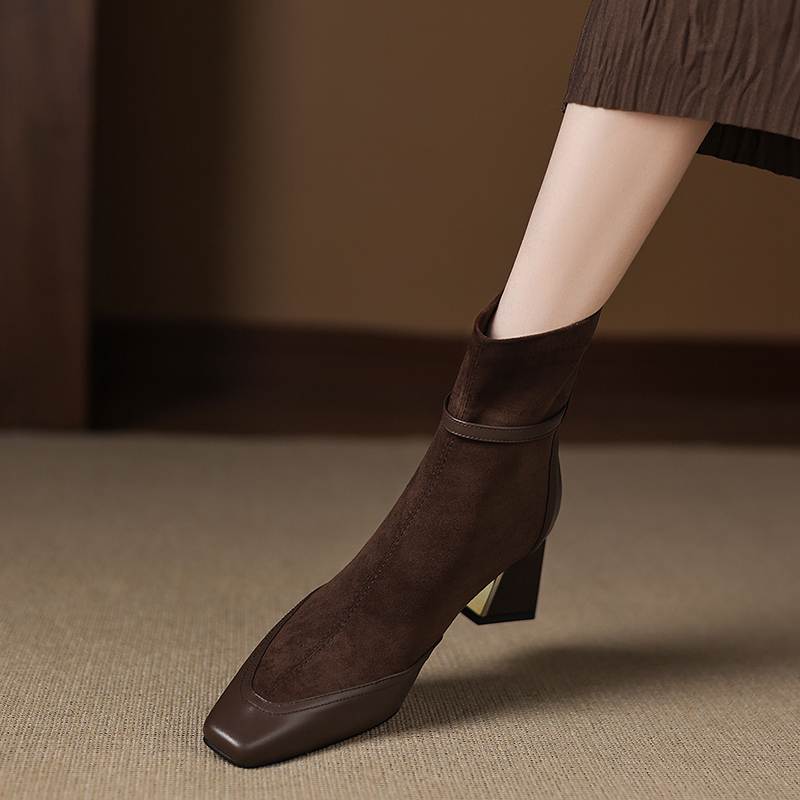Krazing Pot Flock Cow Skin Square Toe Thick Heels Chelsea Boots Size 42 Beauty Lady Women Modern Fashion Girl Ankle Boots