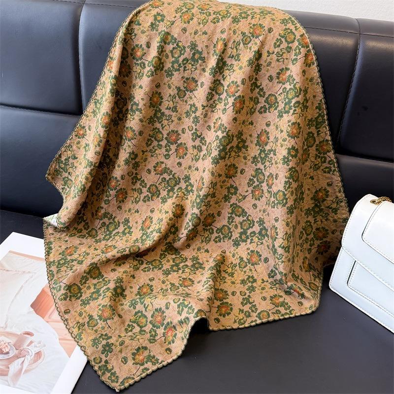 Spring Summer Retro Small Flower Scarf Fashionable Cotton Linen Square Artistic Versatile Women's Neck Protector Hair Strap
